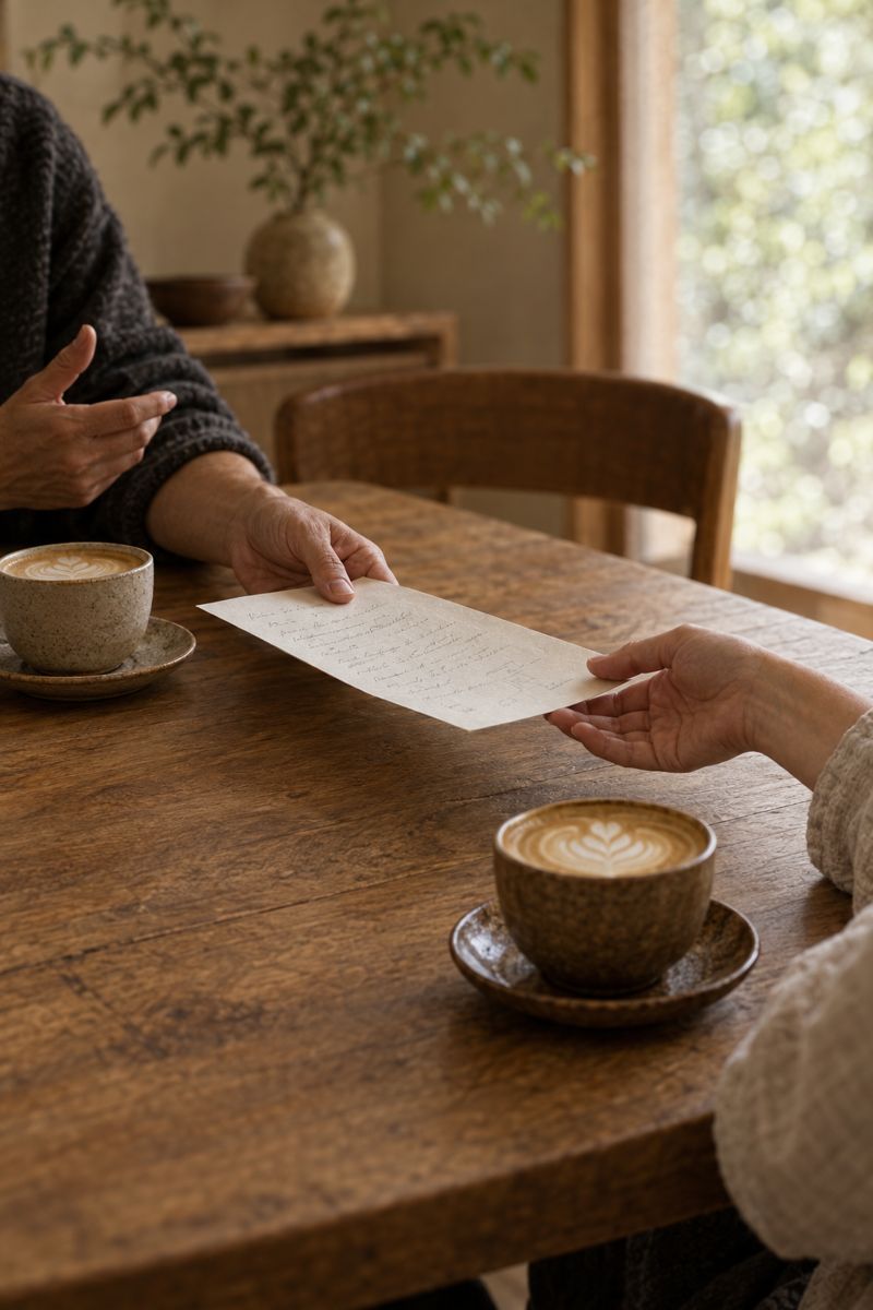 カフェのテーブルでメモを手渡し、協業を話し合う二人の手元