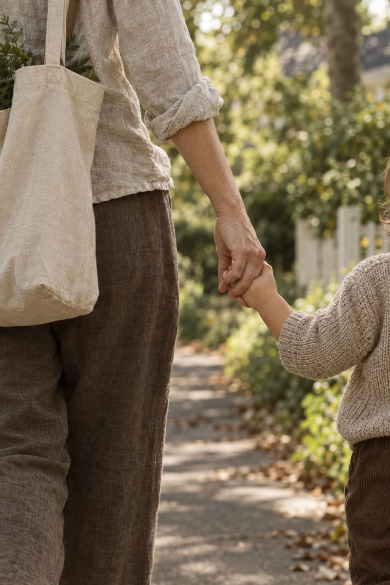 子どもと手をつないで歩く親の手元
