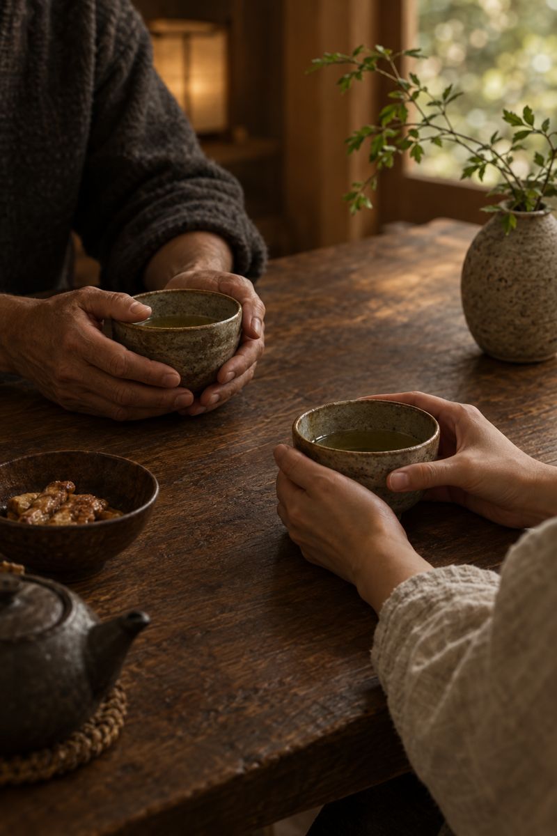 湯のみを手に向き合って話す二人の手元