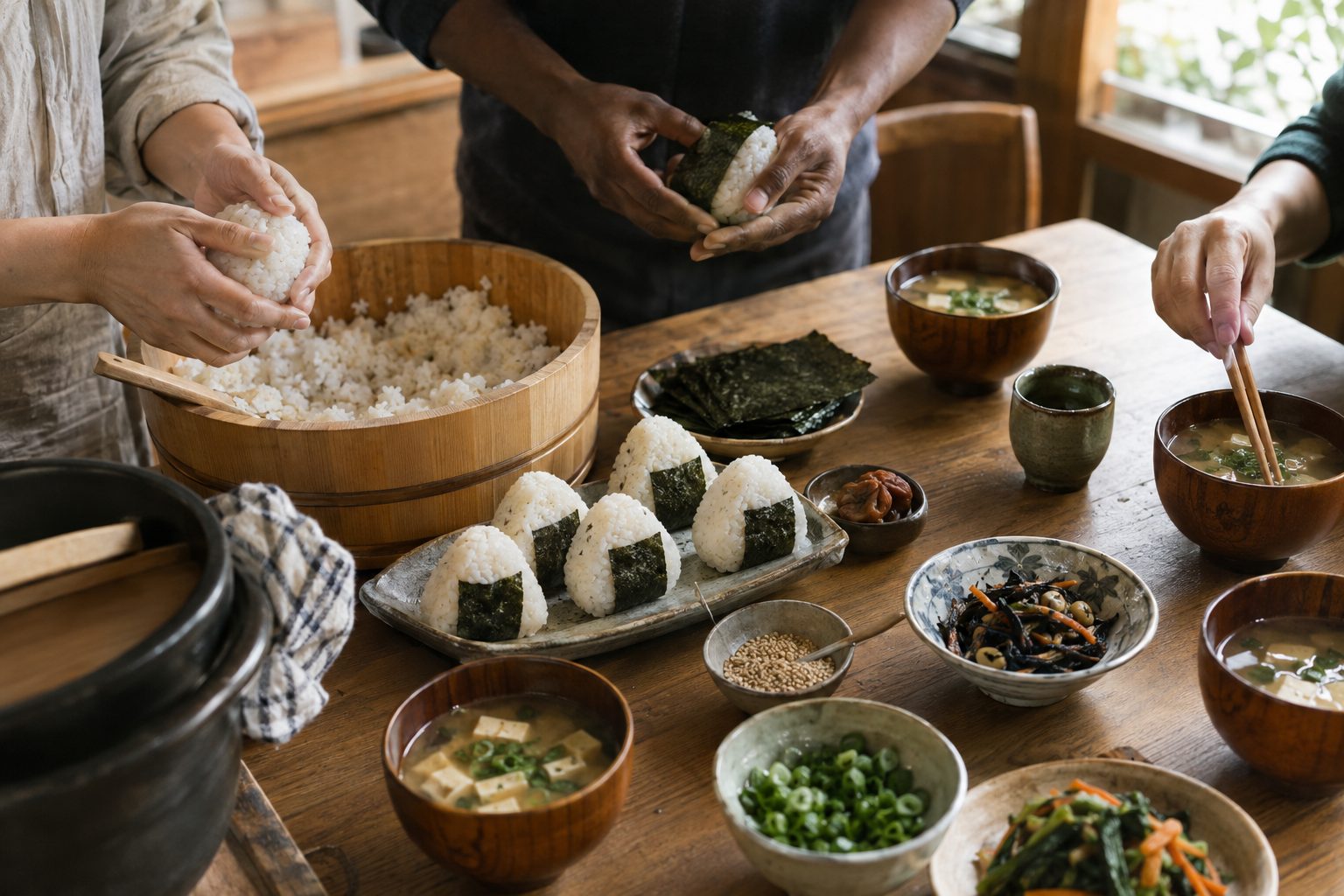 木のテーブルを囲み、日本の家庭料理をつくる人々の手元