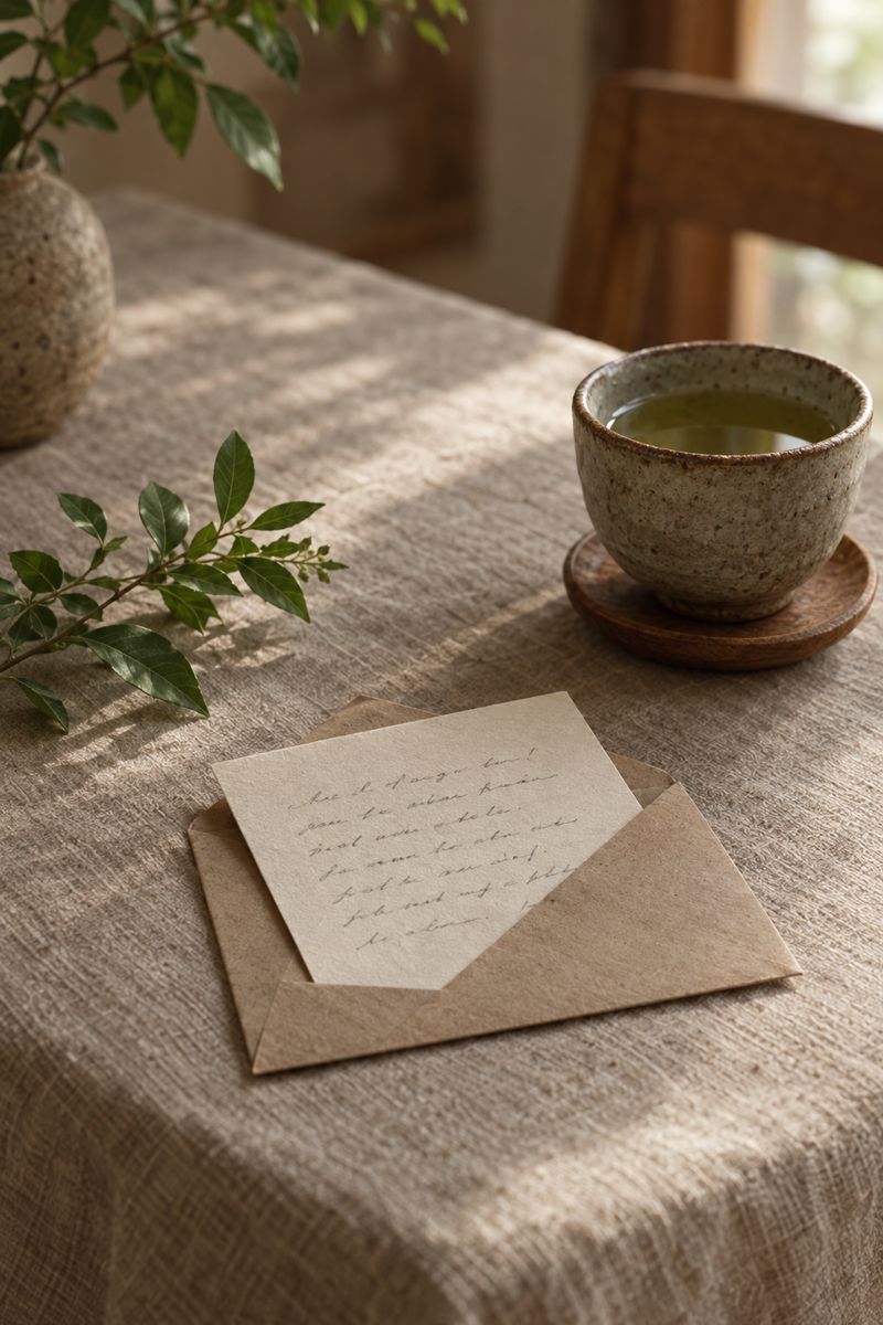 お茶のそばに置かれた手書きのお礼のカード